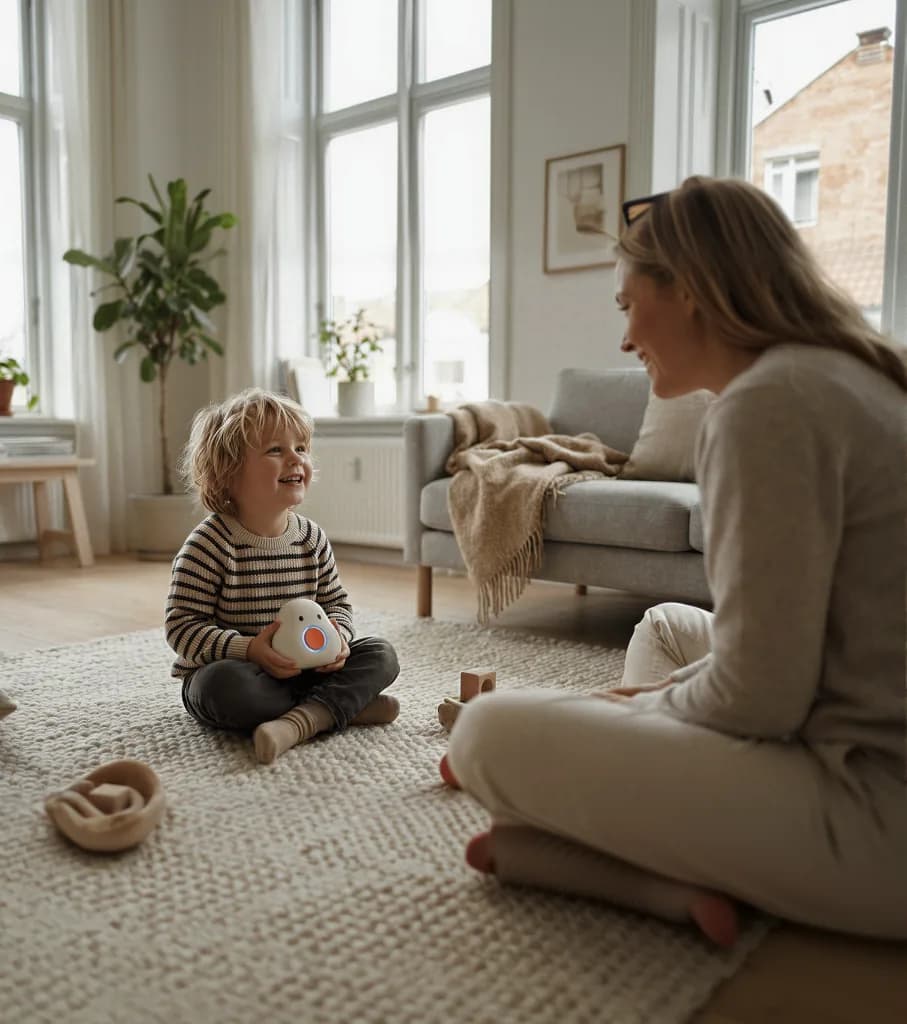 Ein Kind sitzt auf dem Wohnzimmerteppich, hält Onoo in den Händen und lacht — die Mutter sitzt daneben.