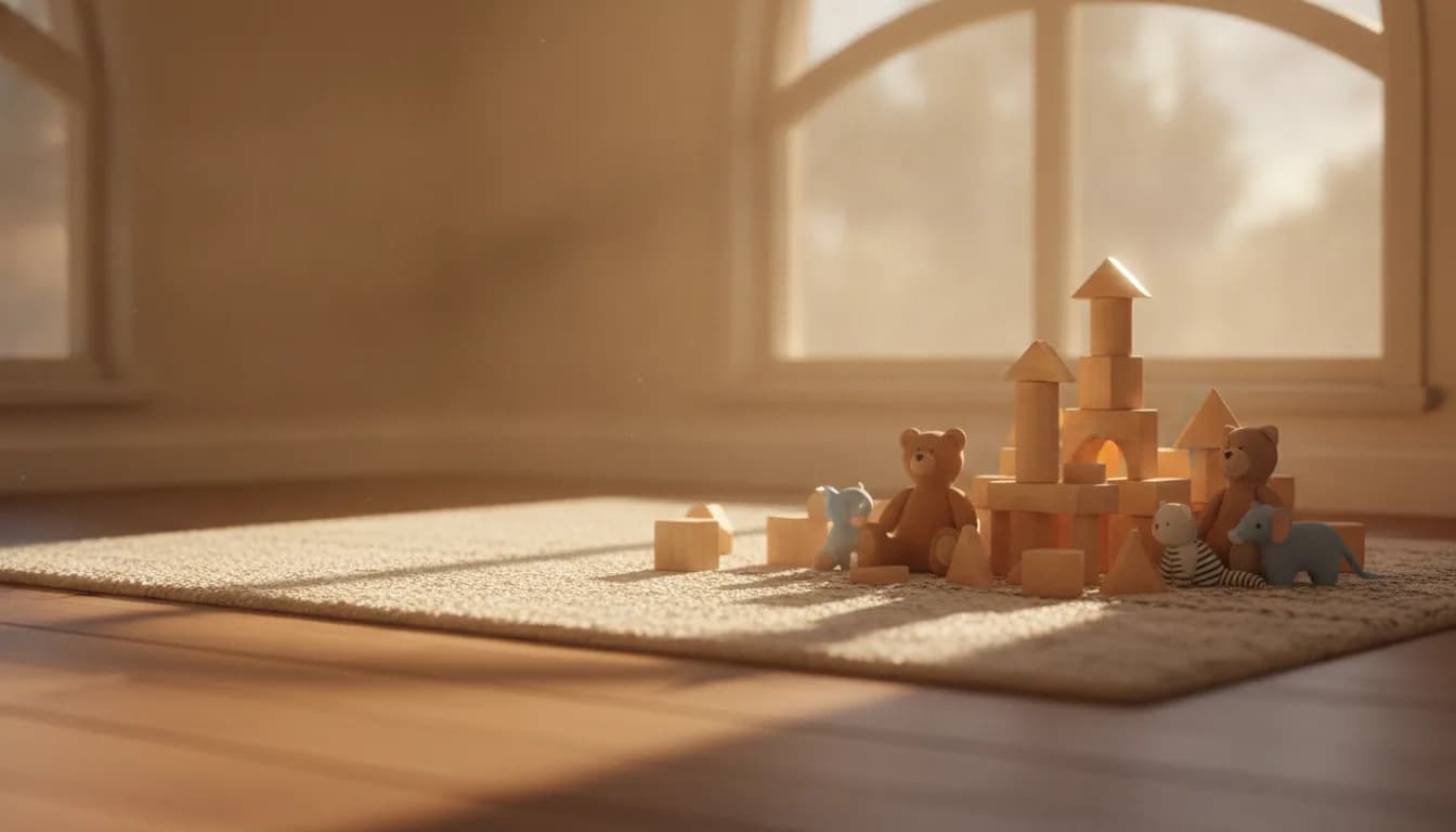 Ein sonnendurchflutetes Kinderzimmer mit einer Burg aus Holzbausteinen auf dem Teppich.